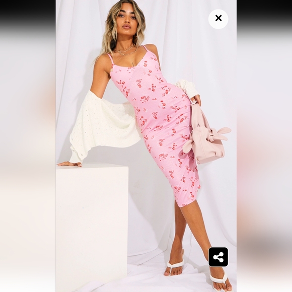 PrettyLittleThing Dresses & Skirts - Pretty Little Thing pink ditsy floral jersey midi dress 12 NWOT